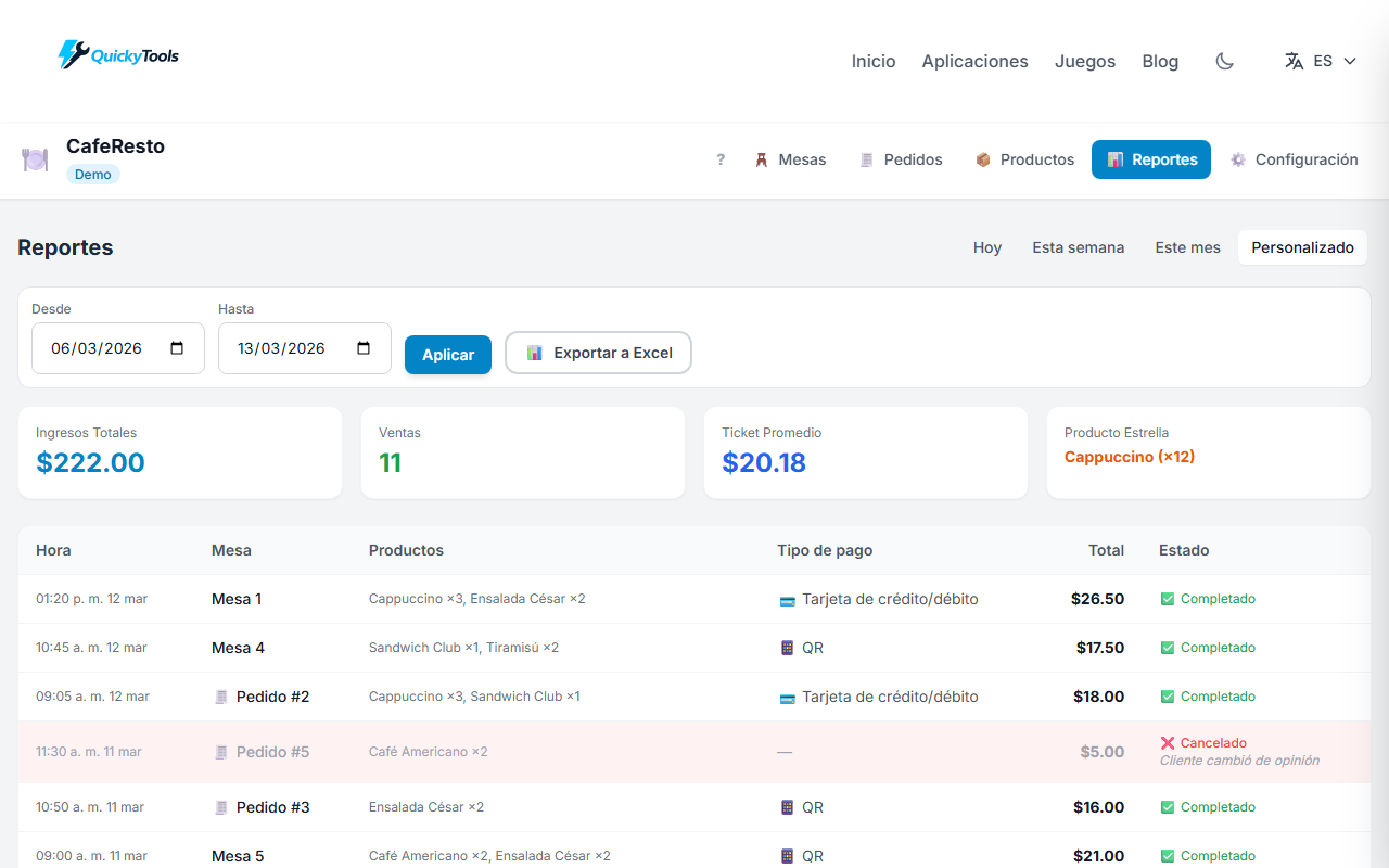 Reporte personalizado con botón de exportar