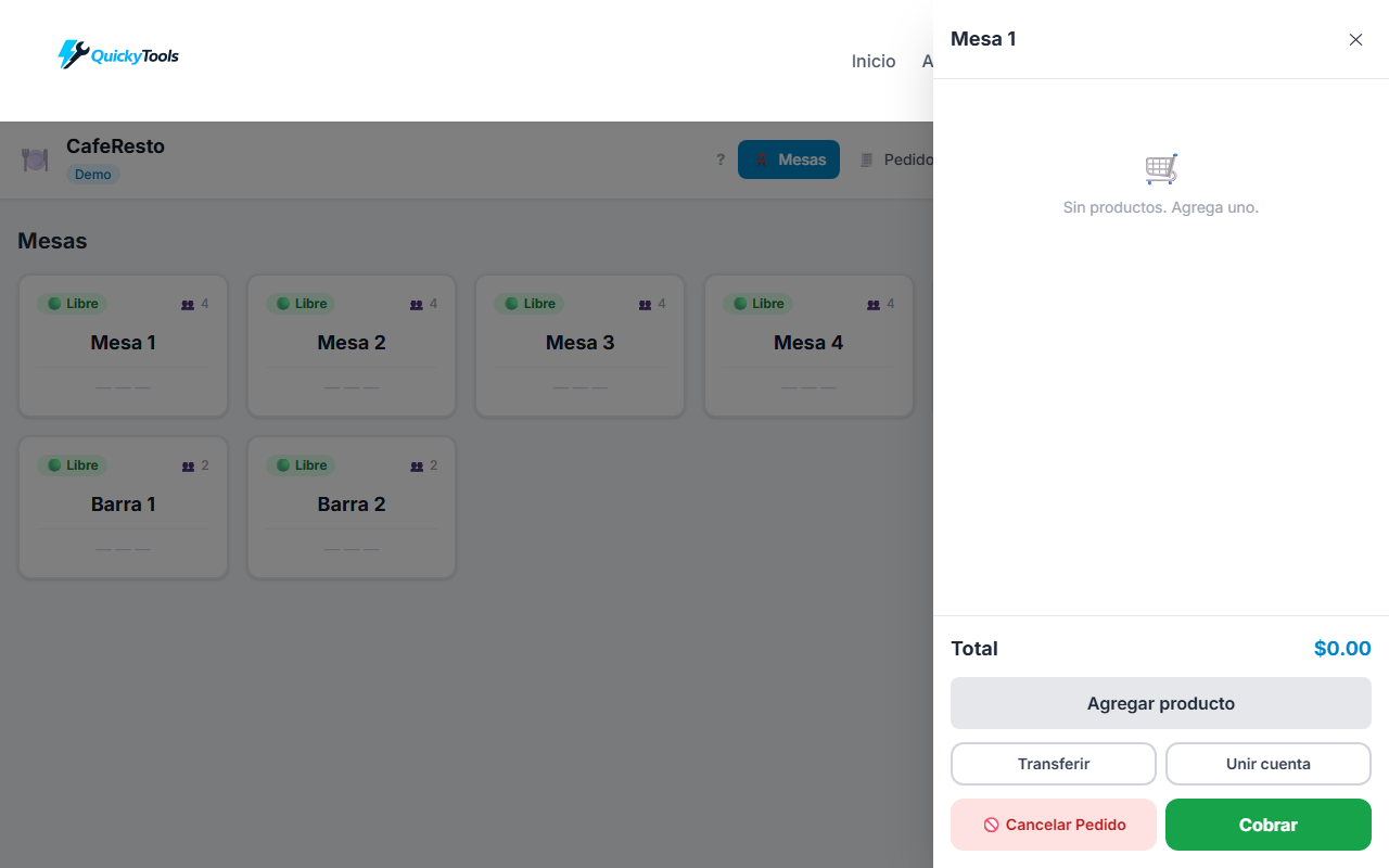 Panel de detalle con pedido activo